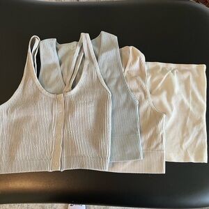 Garage Ribbed Crop Top Set - Light Blue and Cream